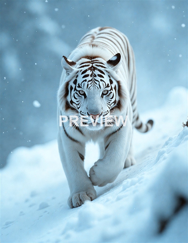 A white tiger with black stripes walking through snowy terrain with snowflakes falling around it.